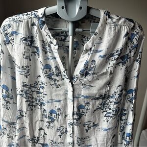 Euro Summer Greece Print Gauzy Button Up Blouse S Amalfi Coast Toile Vacation